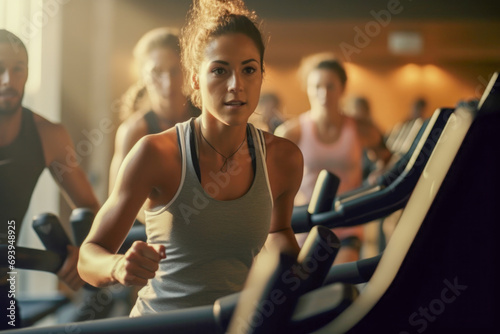 Concentrated Young Woman Running on Treadmil