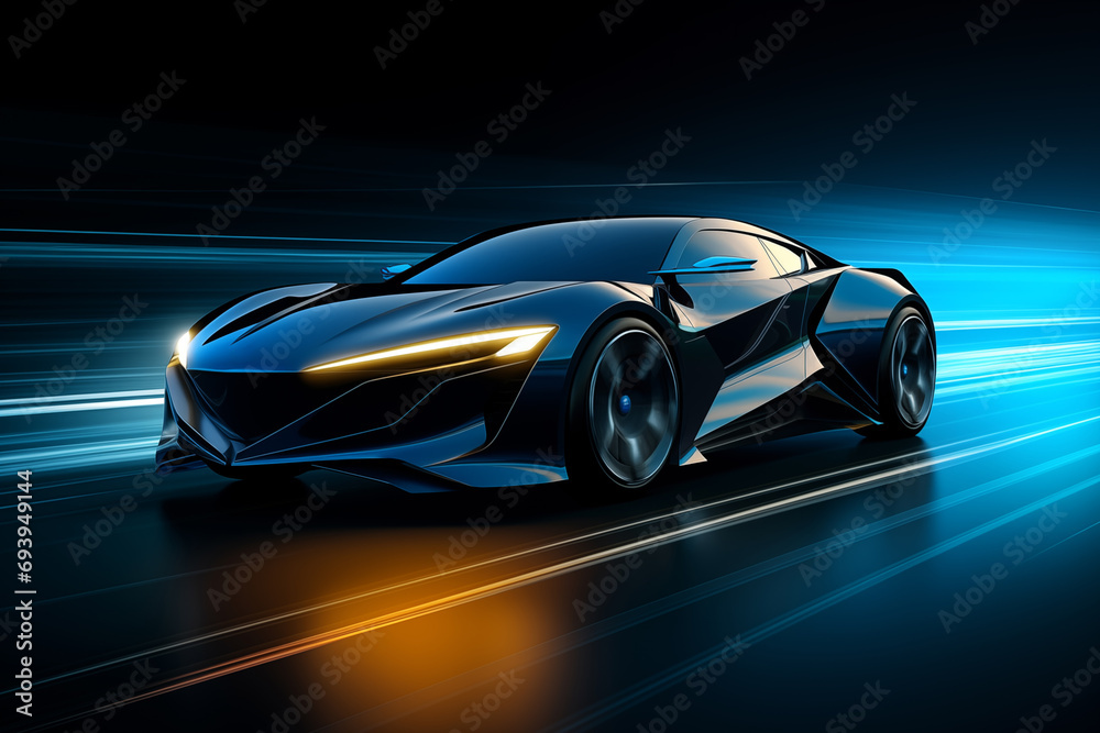 black sports or luxury car wallpaper with a fantastic blue light effect background