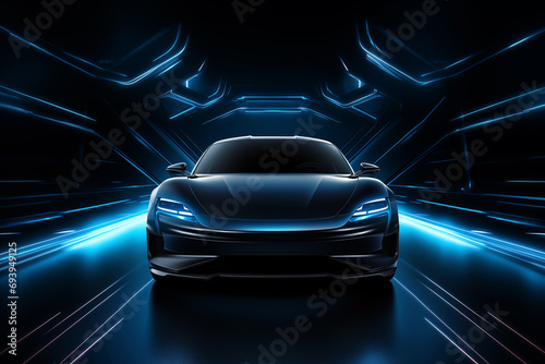 black sports or luxury car wallpaper with a fantastic blue light effect background