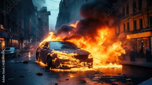 A car caught fire on the street