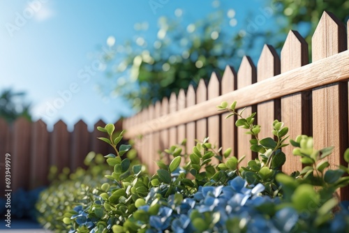 A detailed view of a wooden fence adorned with vibrant blue flowers. Perfect for adding a touch of natural beauty to any project or design