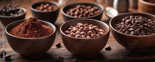 Cocoa powder  sugar  and chocolate chips sit ready in bowls on a wooden table  set up to create a warm chocolate treat.