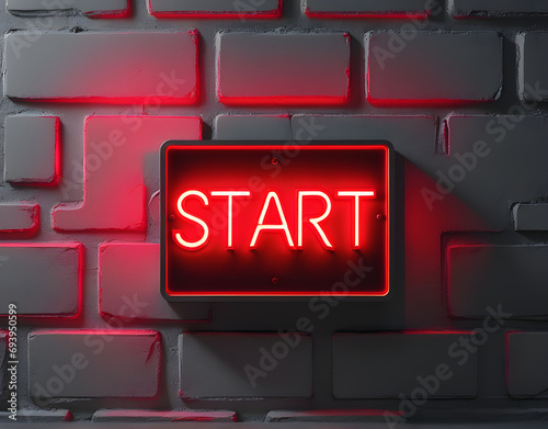 Start sign in red on a gray wall. Generative AI photo