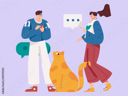 Virtual characters social communication concept business flat vector hand drawn illustration
