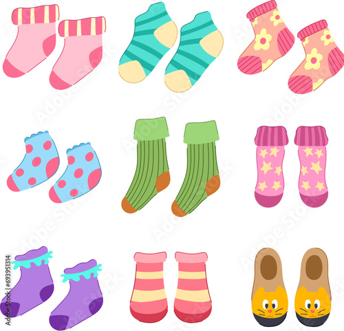 toddler socks set cartoon. worksheet children, color game, different element toddler socks sign. isolated symbol vector illustration