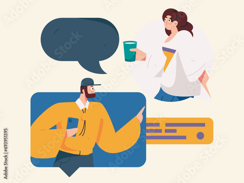 Virtual characters social communication concept business flat vector hand drawn illustration
