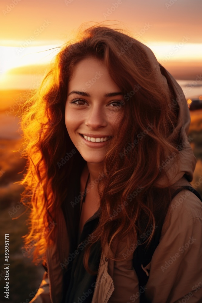 A woman with long red hair smiling at the camera. Can be used for various purposes