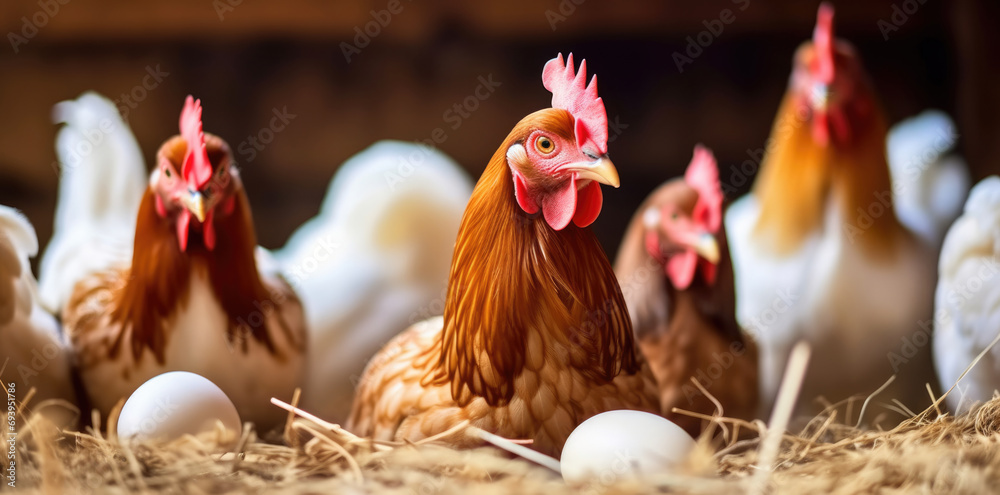 The hen is in the nest with the eggs, the hens are laying. - obrazy, fototapety, plakaty 