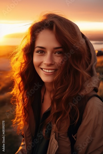 A woman with long red hair smiling at the camera. Can be used for various purposes