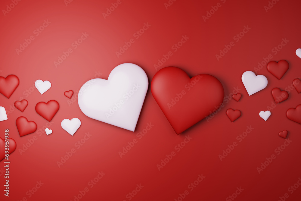 romantic red and white soft 3D rendered heart surrounded by small hearts on red surface, symbol of love valentine's, women's mother's day greeting card, background or wallpaper abstract and copy space