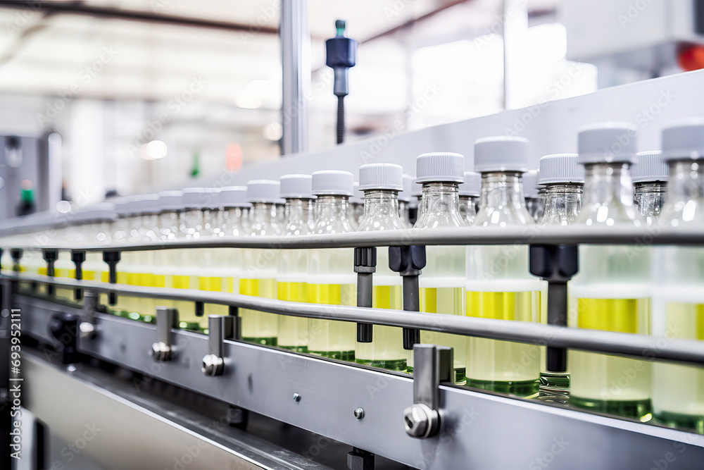 Conveyor Belt Filled with a Line of Liquid-Filled Bottles Conveyor Belt Filled with a Line of Liquid-Filled Bottles