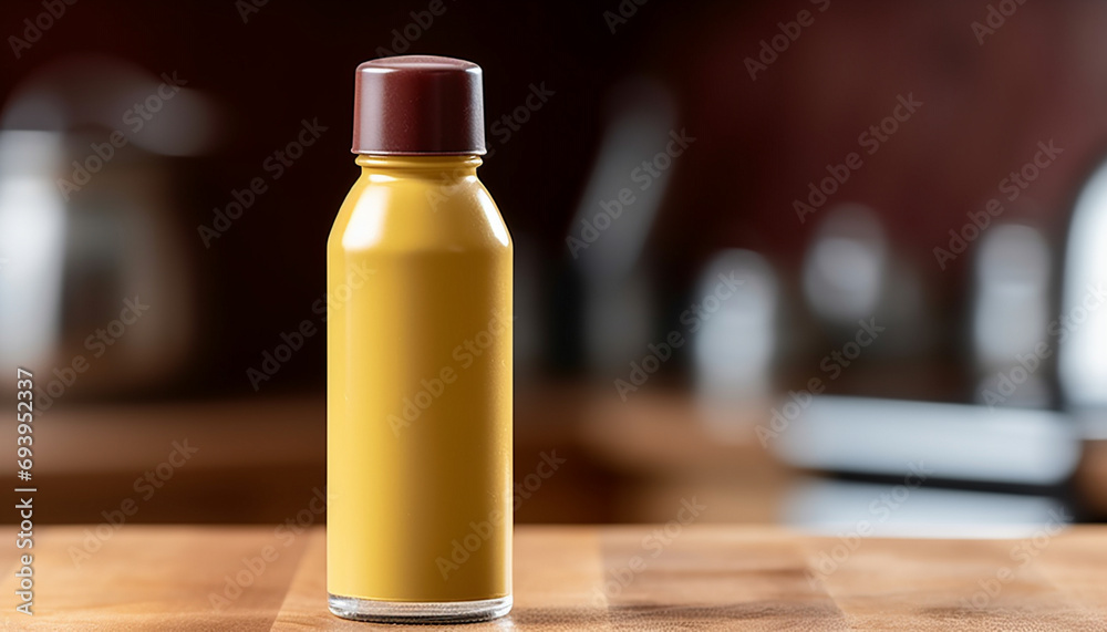 A tall, mustard-colored bottle with a maroon cap, set against a kitchen backdrop, resting on a wooden countertop. A tall, mustard-colored bottle with a maroon cap, set against a kitchen backdrop, resting on a wooden countertop.