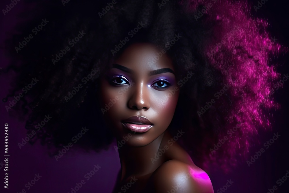 Woman hair care and cosmetics face with natural curly hair against studio background. Woman hair care and cosmetics face with natural curly hair against studio background.