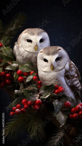 a couple cute snowy Christmas owls hugging on a snowy branch with red berries, banner, vertical