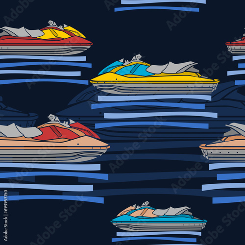 Editable Side View Personal Watercraft or Water Scooter in Various Colors on Calm Water Vector Illustration as Seamless Pattern With Dark Background for Transportation or Recreation Related Design
