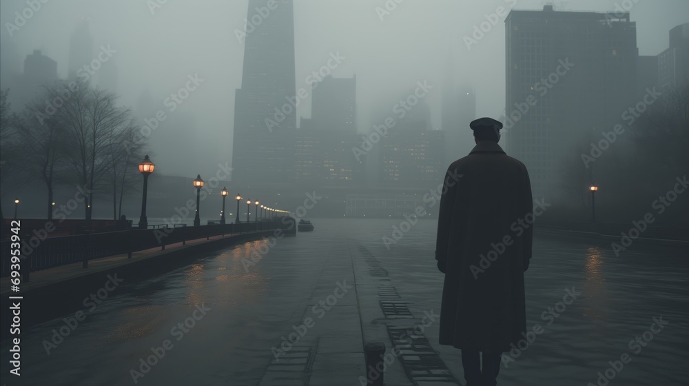 A man wearing a long coat walks on the foggy street