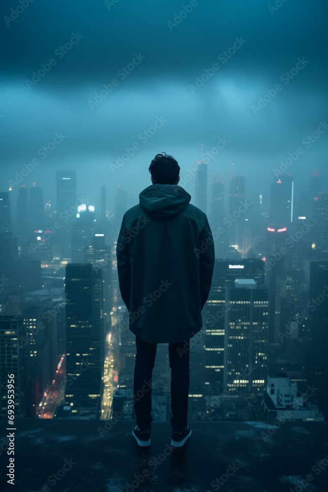 A man wearing a long coat watches the city view from the roof of a skyscraper A man wearing a long coat watches the city view from the roof of a skyscraper