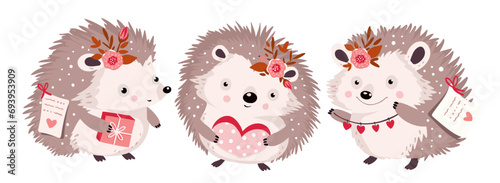 Cute hedgehog forest small animal character set with gift heart and flower. Valentines day vector happy funny greeting card birthday.