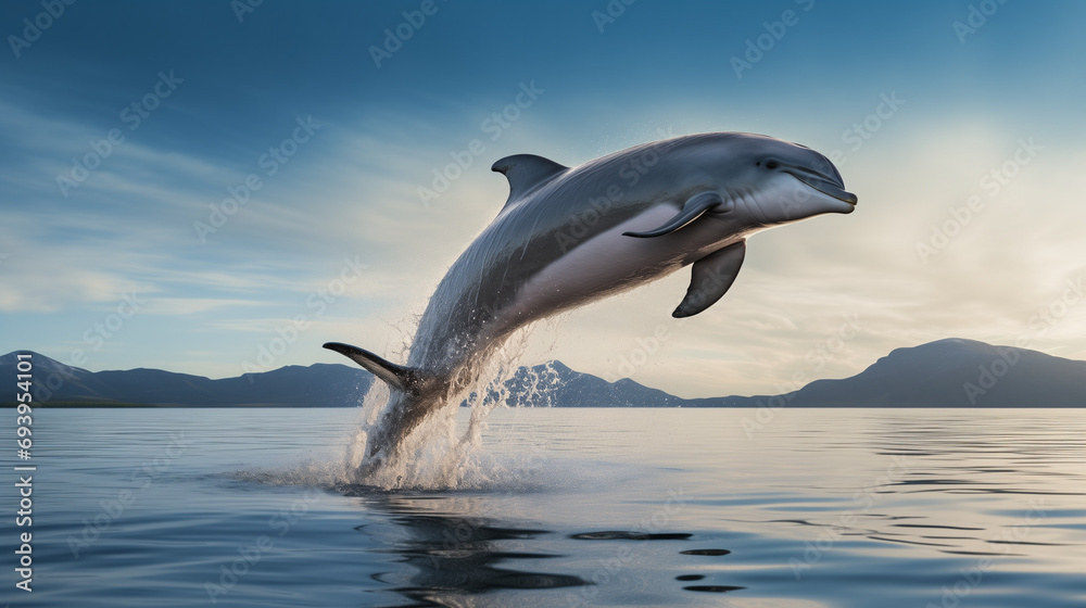 Fototapeta premium Leaping Atlantic Dolphin, Crisp Ocean Backdrop