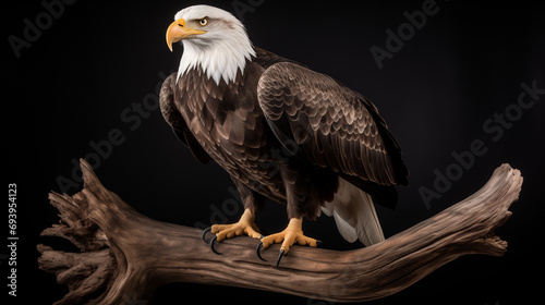 Majestic Bald Eagle, Perched on Driftwood, Dark Backdrop