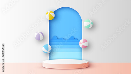 Summer circle stage podium with sea view and beach ball hanging. Summer mockup template. paper cut and craft style. vector, illustration.