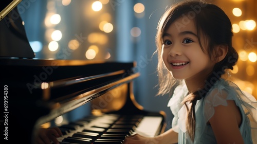 Little asian girl learning to play the piano