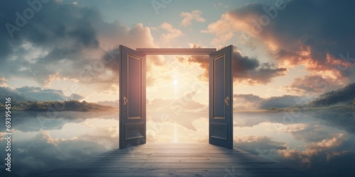 An open door leading to a beautiful sky. This image can be used to represent new opportunities, freedom, and a fresh start