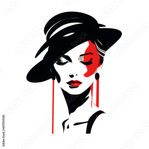 Young woman face in the style of black and red minimalistic abstract logo. Beautiful lady portrait with red lips. Vector Stock illustration isolated on white background.