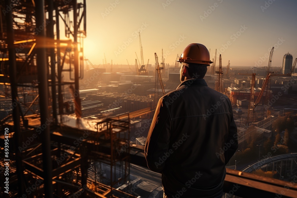 A construction supervisor in fully safety PPE is standing on the huge building development project, there are many tower cranes for building the skyscraper and mega city. Industrial working scene. A construction supervisor in fully safety PPE is standing on the huge building development project, there are many tower cranes for building the skyscraper and mega city. Industrial working scene.