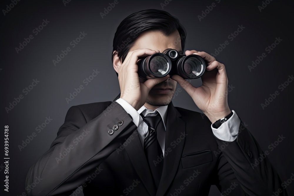 Businessman looking through binoculars - market research concept Businessman looking through binoculars - market research concept
