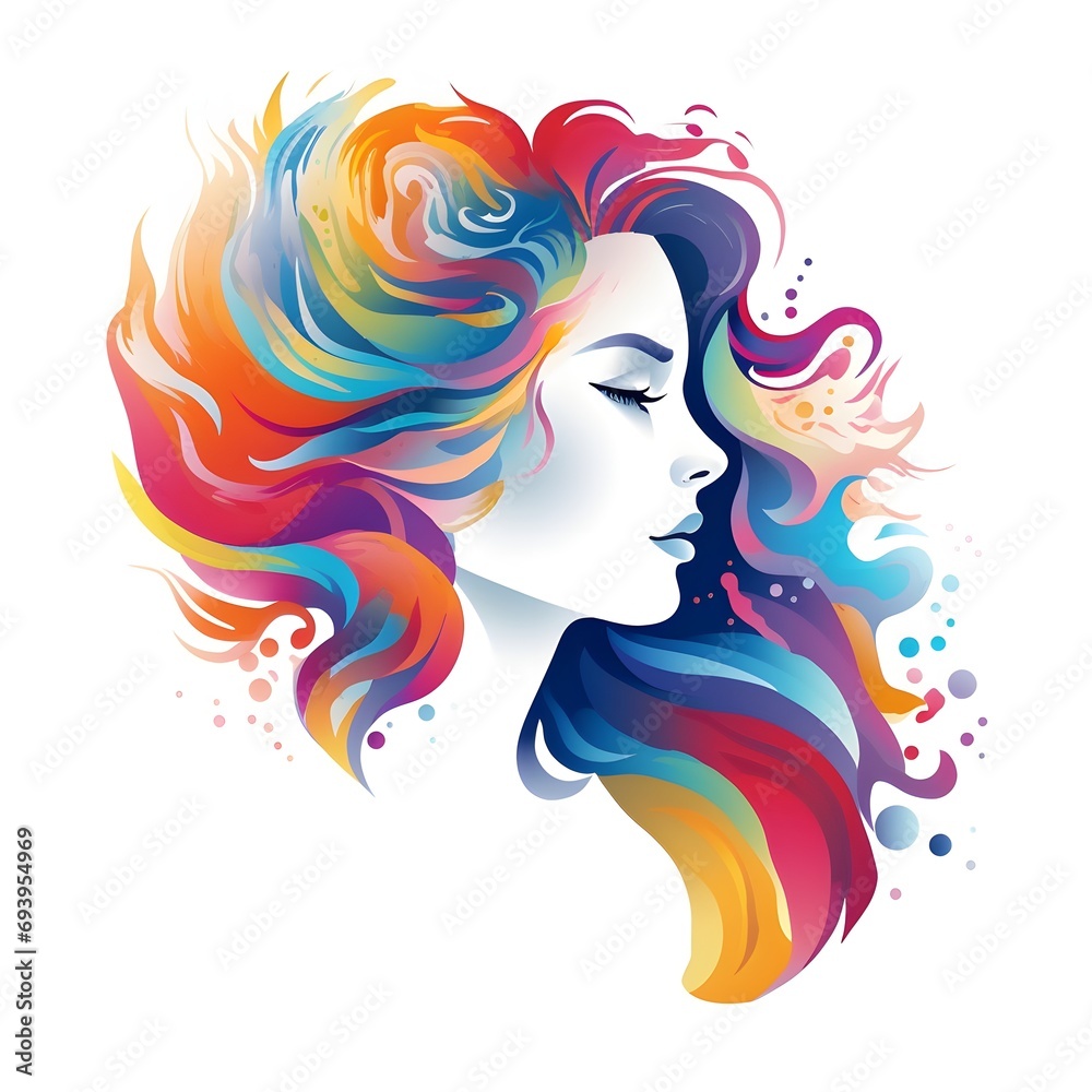 Happy woman with rainbow color hair vector logo isolated on white. girl pride month vibe lgbtq community. Smiling female character enjoys her freedom and life. Body positive health care concept