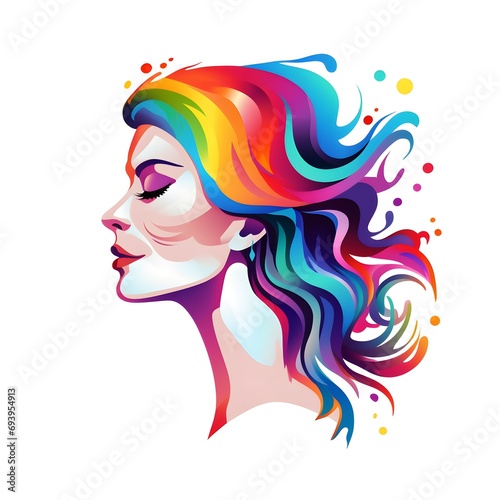 Happy woman with rainbow color hair vector logo isolated on white. girl pride month vibe lgbtq community. Smiling female character enjoys her freedom and life. Body positive health care concept
