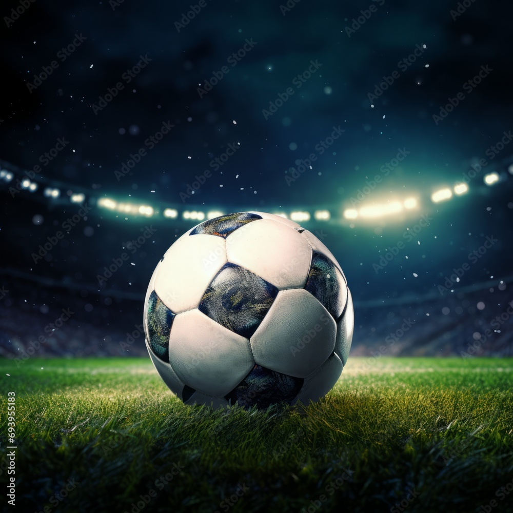 Naklejka premium The tranquility of a football ball resting on the stadium grass under the night sky