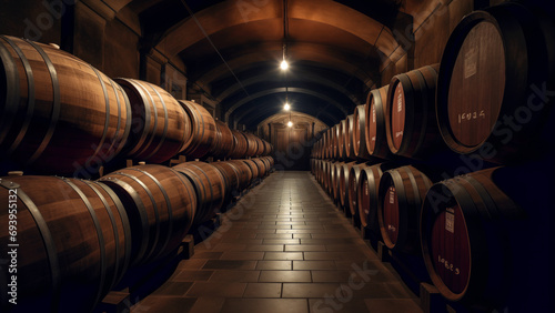 Dimly lit wine cellar with vaulted ceilings and a symmetrical alignment of wooden wine barrels