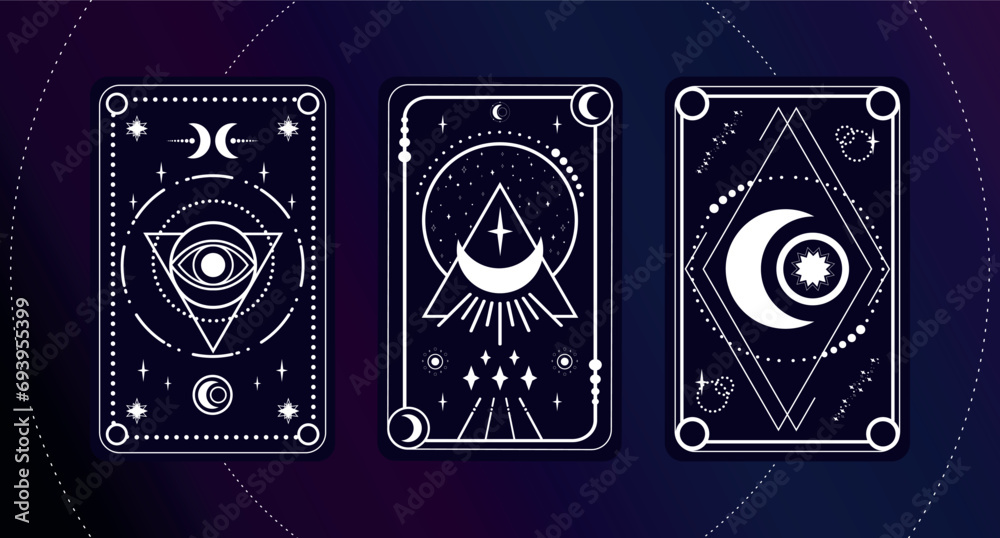 Tarot card set with a magical eye, moon, crescent and stars decorated with geometric shapes. Tarot symbolism. Mystery, astrology, esoteric. Vector illustration Tarot card set with a magical eye, moon, crescent and stars decorated with geometric shapes. Tarot symbolism. Mystery, astrology, esoteric. Vector illustration