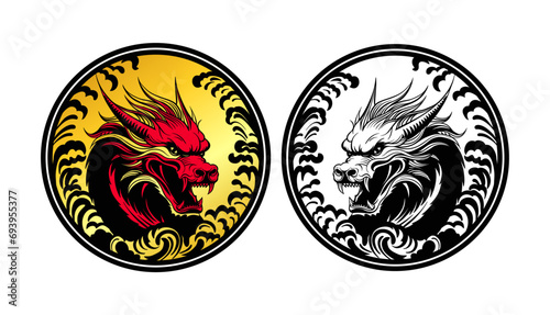 Red and golden Dragon scales collide in an emblem of power and grace, Dragon head vector black silhouette art. Chinese New Year round symbol logo