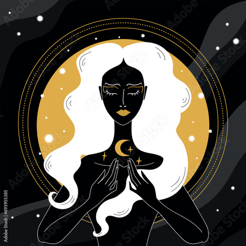Mystical Sorceress or witch with stars and crescent on gold and black background. Witchcraft and magic vector illustration