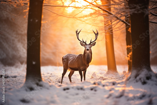 Red deer standing on frost snow in the forest