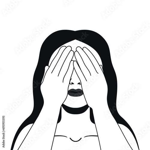 Portrait of a young female covering her eyes with hands to avoid seeing things. Hand drawn vector illustration