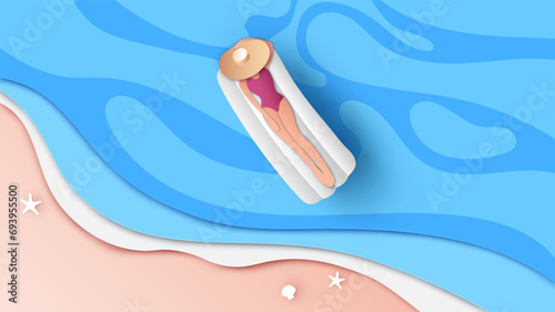 Top view blue sea water and beautiful young sexy woman body wear one-piece swimsuit on inflatable mattress. paper cut and craft style. vector, illustration.