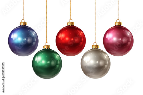 Set of colorful watercolor decorative Christmas balls hanging on golden rope isolated on transparent background PNG