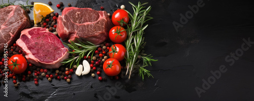 Top view of raw beef steak meat with rosemary and seasonings on black stone board background. Free space for your text, banner. © Daniela