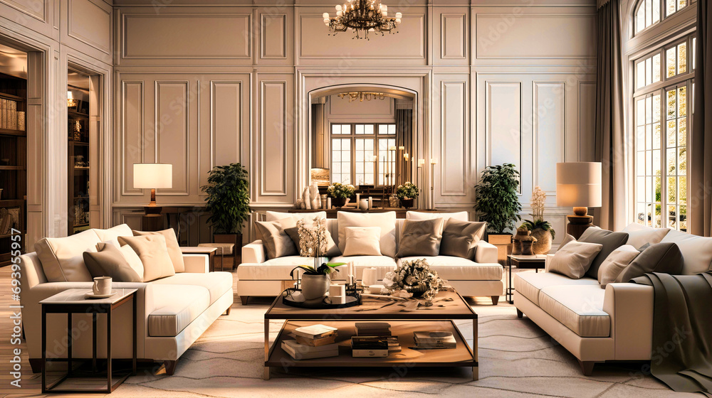 Elegant Living Room with Neutral Tones and Crystal Chandelier,