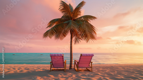 Beautiful tropical beach with two chairs and coco palms. Pink umbrella on a tropical island sunset