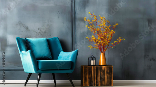 Contemporary Elegance with a Teal Velvet Chair, Abstract Art, and Vibrant Autumn Branches