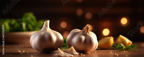 Raw garlic on the wooden board in the kitchen. Blurred background