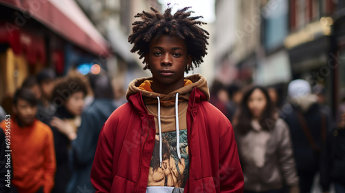 A teenager confidently expressing themselves through street fashion, standing out in a bustling urban setting. photo