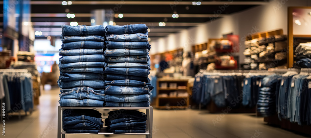 Stack blue jeans in store shopping center, sale casual attire denim in showroom, copy space - obrazy, fototapety, plakaty 