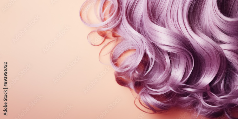 Closeup wavy texture of shine colored curly purple hair isolated on beige background with copy space