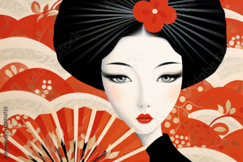 Illustration close up portrait of young geisha woman, in black kimono, with white face, beautiful hairstyle and an open fan in her hands